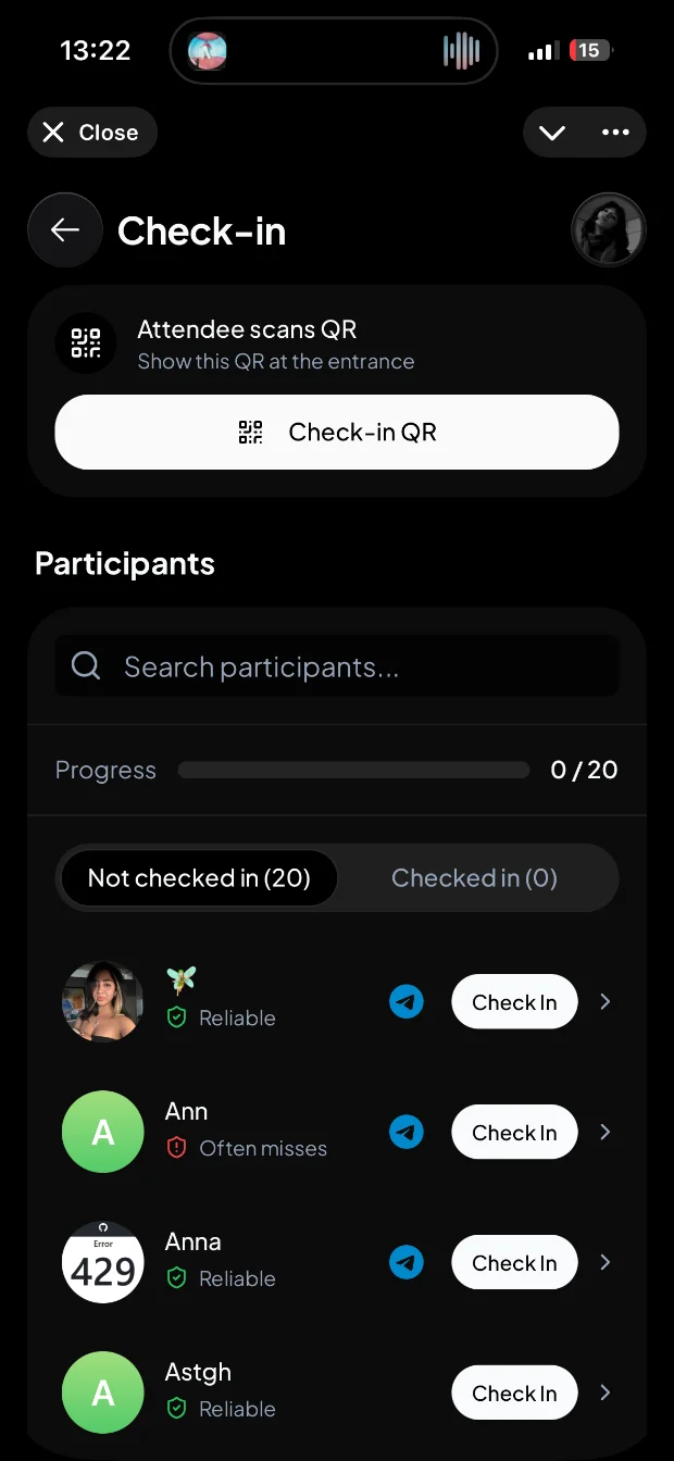 Экран check-in события